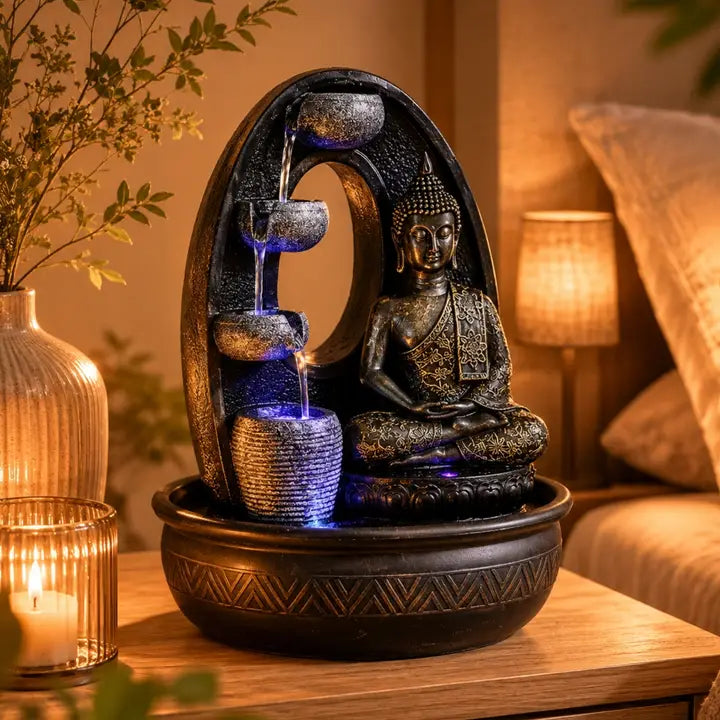Fontaine d'Intérieur "Harmonie" – Statue Bouddha Zen et Éclairage LED